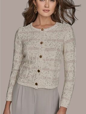 Donna Karan Cream Sparkle Button-Front Cardigan